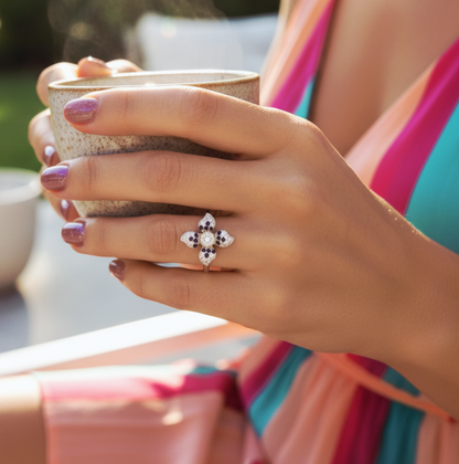"Midnight Bloom Radiance Ring" – Dual-Tone Starflower in 925 Silver