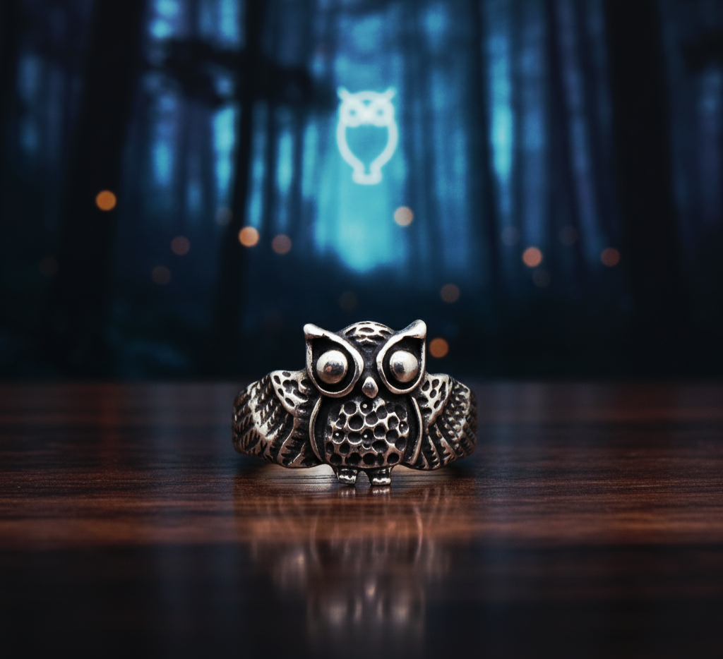 “Guardian Night Owl Ring"  – Hand-Carved 925 Silver Wisdom Totem