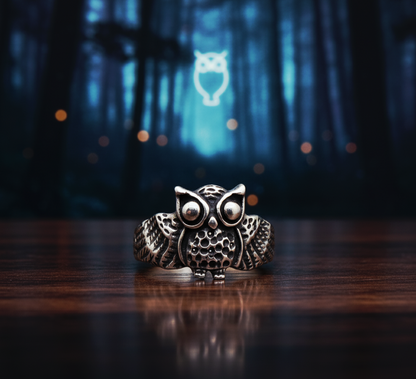 “Guardian Night Owl Ring"  – Hand-Carved 925 Silver Wisdom Totem