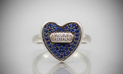 Sapphire Blue Heart Pave Ring with Baguette Accent – 925 Sterling Silver