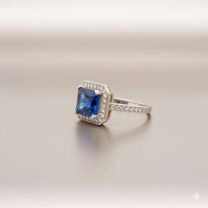 Midnight Royal Halo 925 Silver Ring – Blue Princess Center with Double Diamond-Style Halo