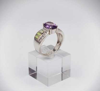 “Amethyst Nova Inlay Ring"  – 925 Silver with Opal & CZ Accents