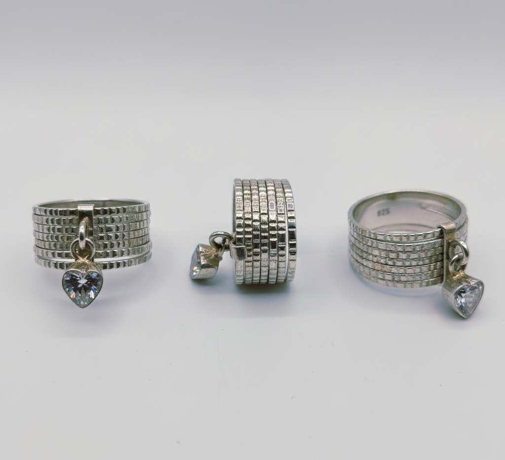 “Silver Heart Charm Statement Band" – Modern Sparkle Ring by Illuzion Jewelry