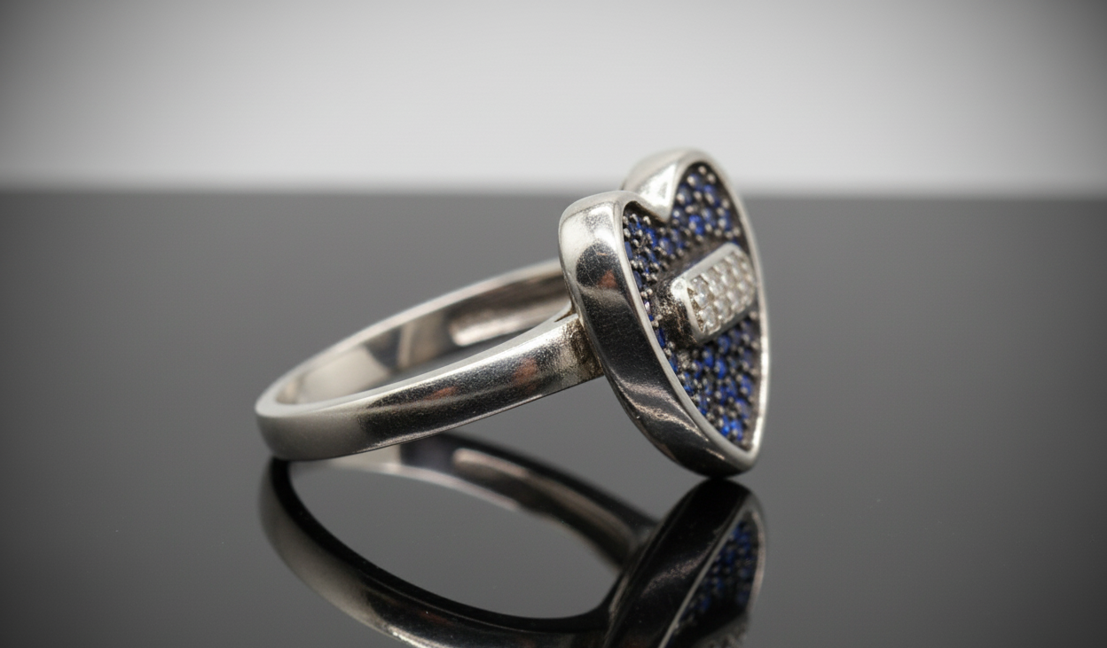 Sapphire Blue Heart Pave Ring with Baguette Accent – 925 Sterling Silver