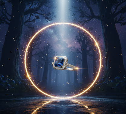 Midnight Royal Halo 925 Silver Ring – Blue Princess Center with Double Diamond-Style Halo