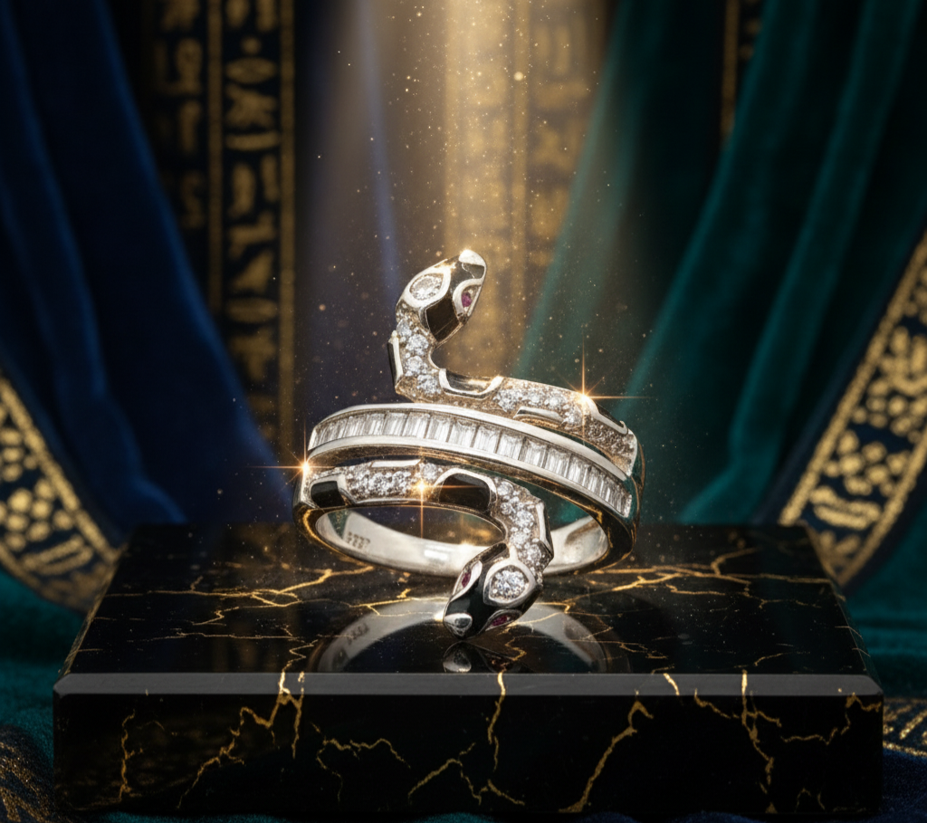 Serpent Luxe Wrap Ring – 925 Sterling Silver, Black Enamel & Pavé Stones