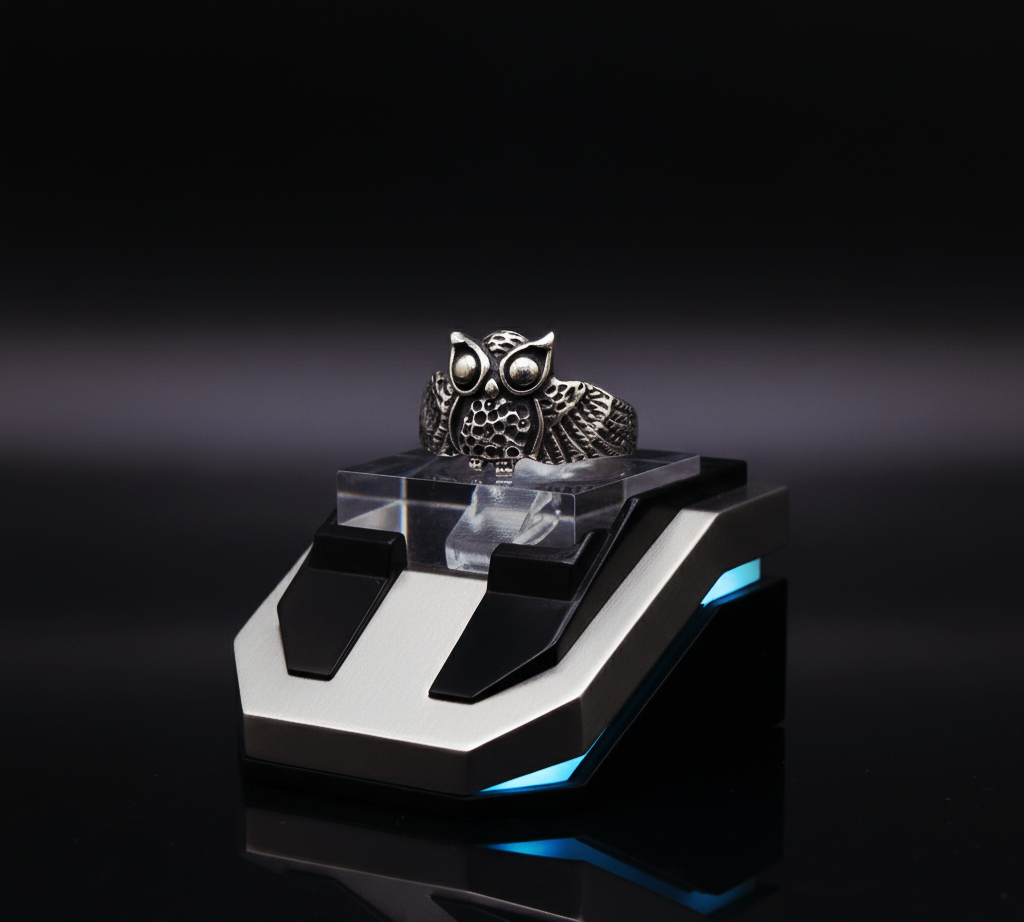“Guardian Night Owl Ring"  – Hand-Carved 925 Silver Wisdom Totem