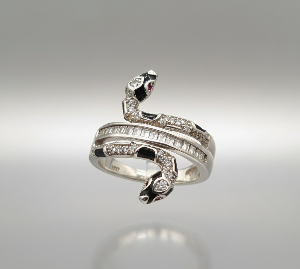 Serpent Luxe Wrap Ring – 925 Sterling Silver, Black Enamel & Pavé Stones