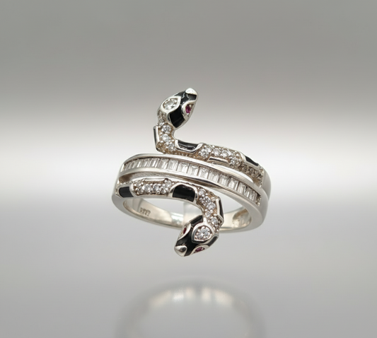 Serpent Luxe Wrap Ring – 925 Sterling Silver, Black Enamel & Pavé Stones