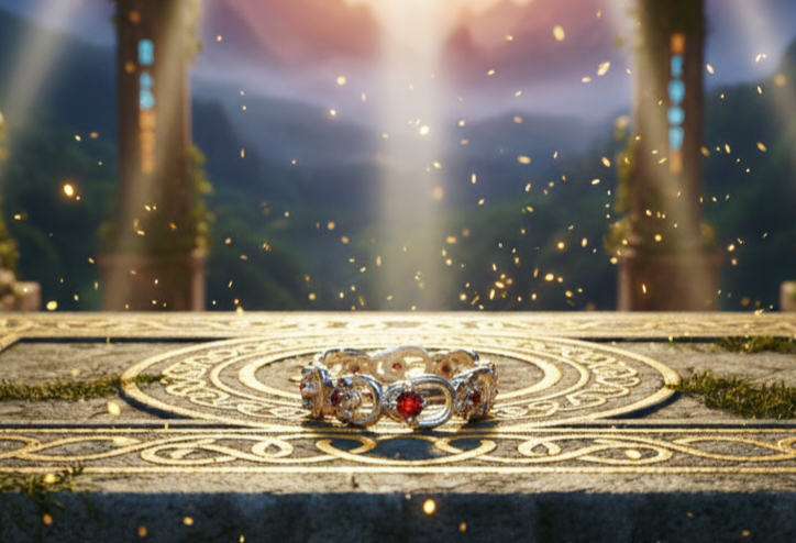 “Crimson Bloom Vintage Eternity Ring" – Floral Red Gemstone Band by Illuzion Jewelry