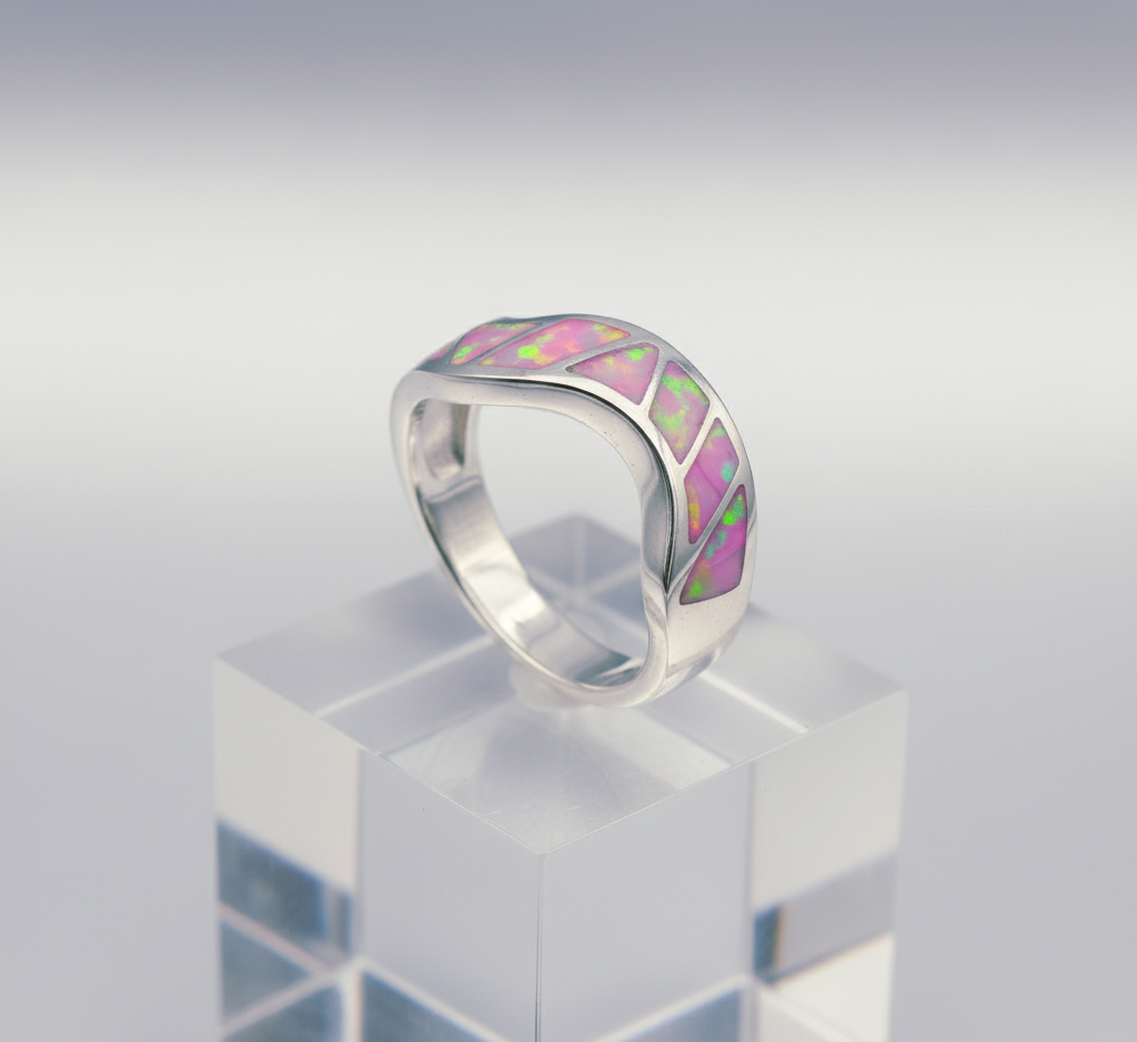 “Pink Fire Inlay Wave Band"– 925 Silver Radiant Flow Edition