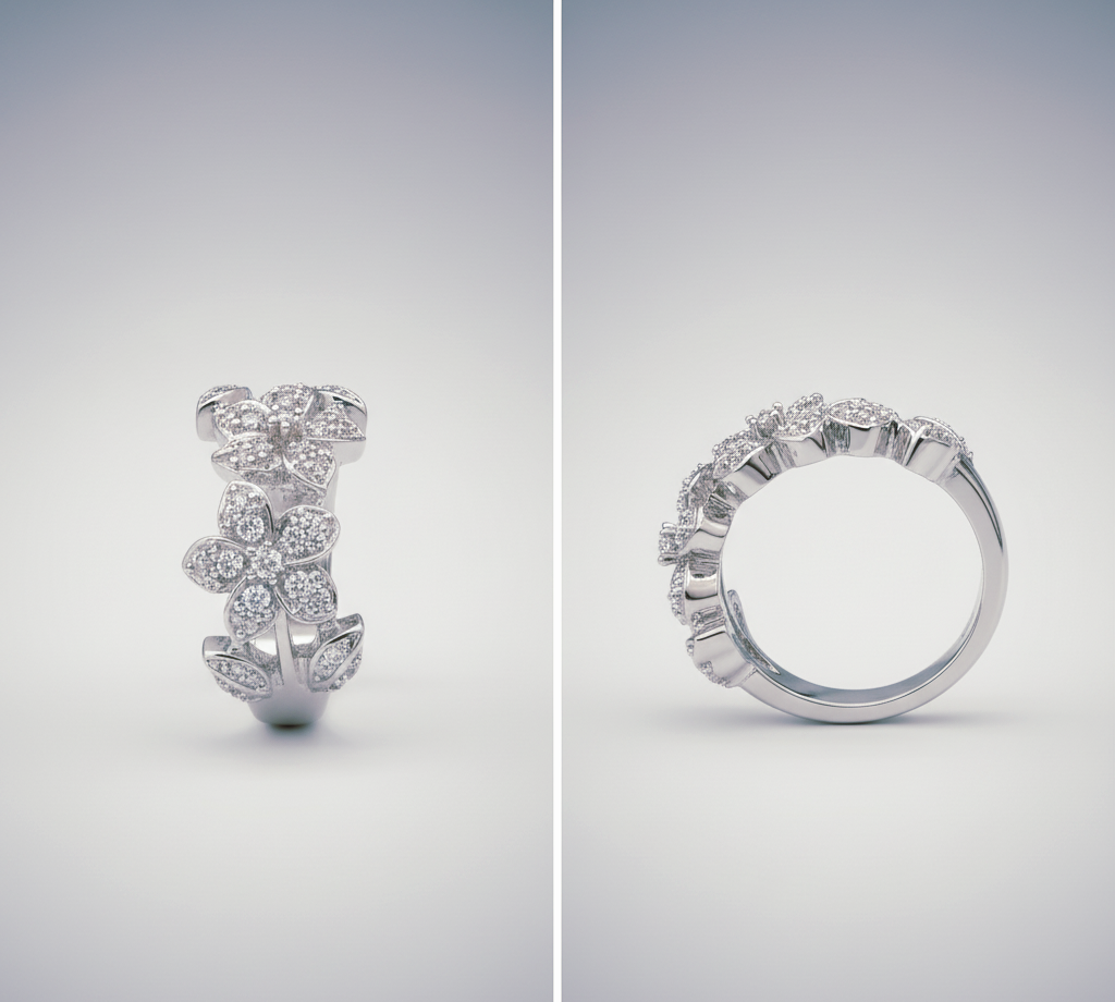 “Blooming Garden Band" – 925 Silver Floral Sparkle Ring