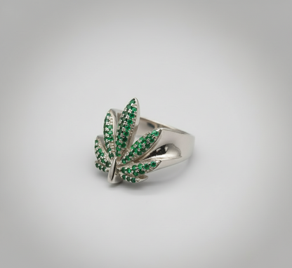 Emerald Aura Leaf Ring - 925 Sterling Silver
