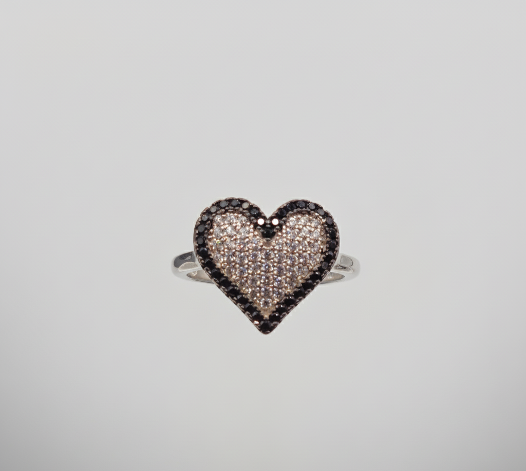 Black & White Pave Heart Statement Ring – 925 Silver Ring