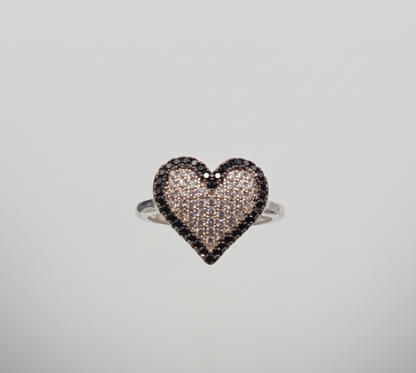 Black & White Pave Heart Statement Ring – 925 Silver Ring