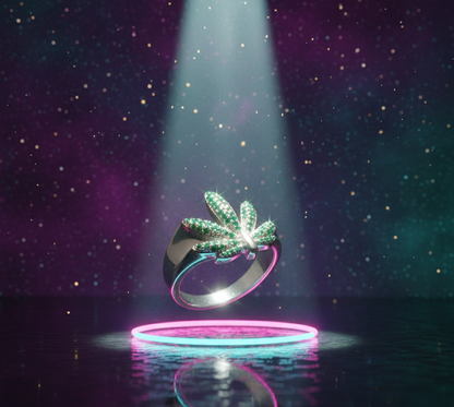 Emerald Aura Leaf Ring - 925 Sterling Silver