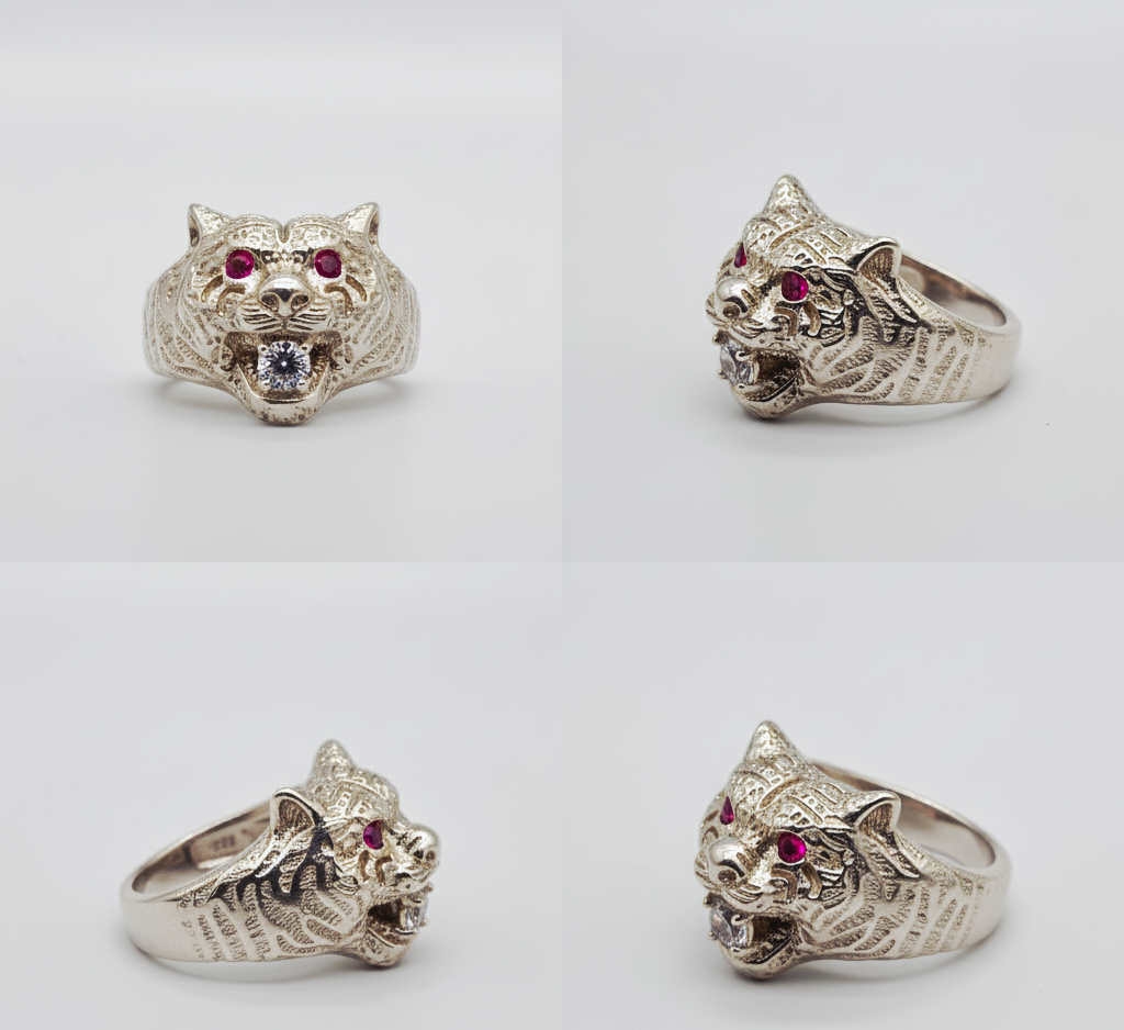 "Tiger Guardian Ring" – Fierce 925 Silver with Ruby Eyes & Ice Bite