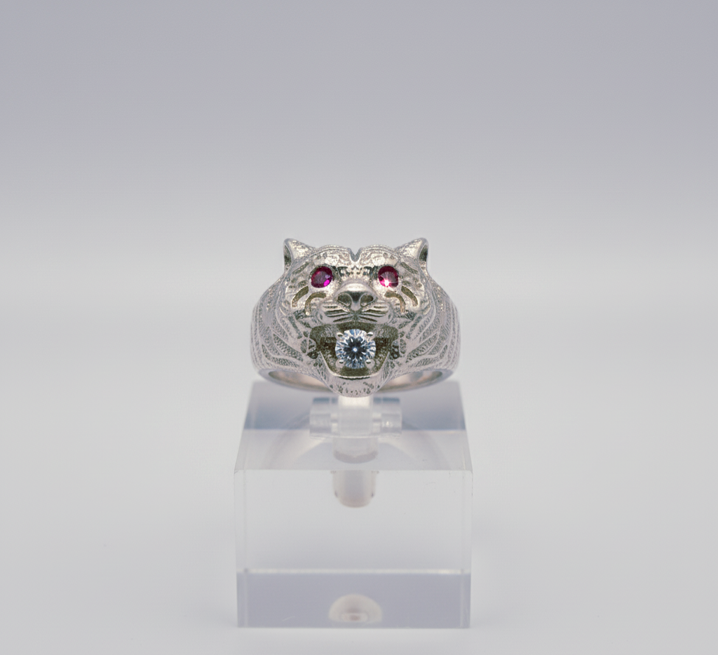 "Tiger Guardian Ring" – Fierce 925 Silver with Ruby Eyes & Ice Bite