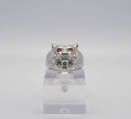 "Tiger Guardian Ring" – Fierce 925 Silver with Ruby Eyes & Ice Bite