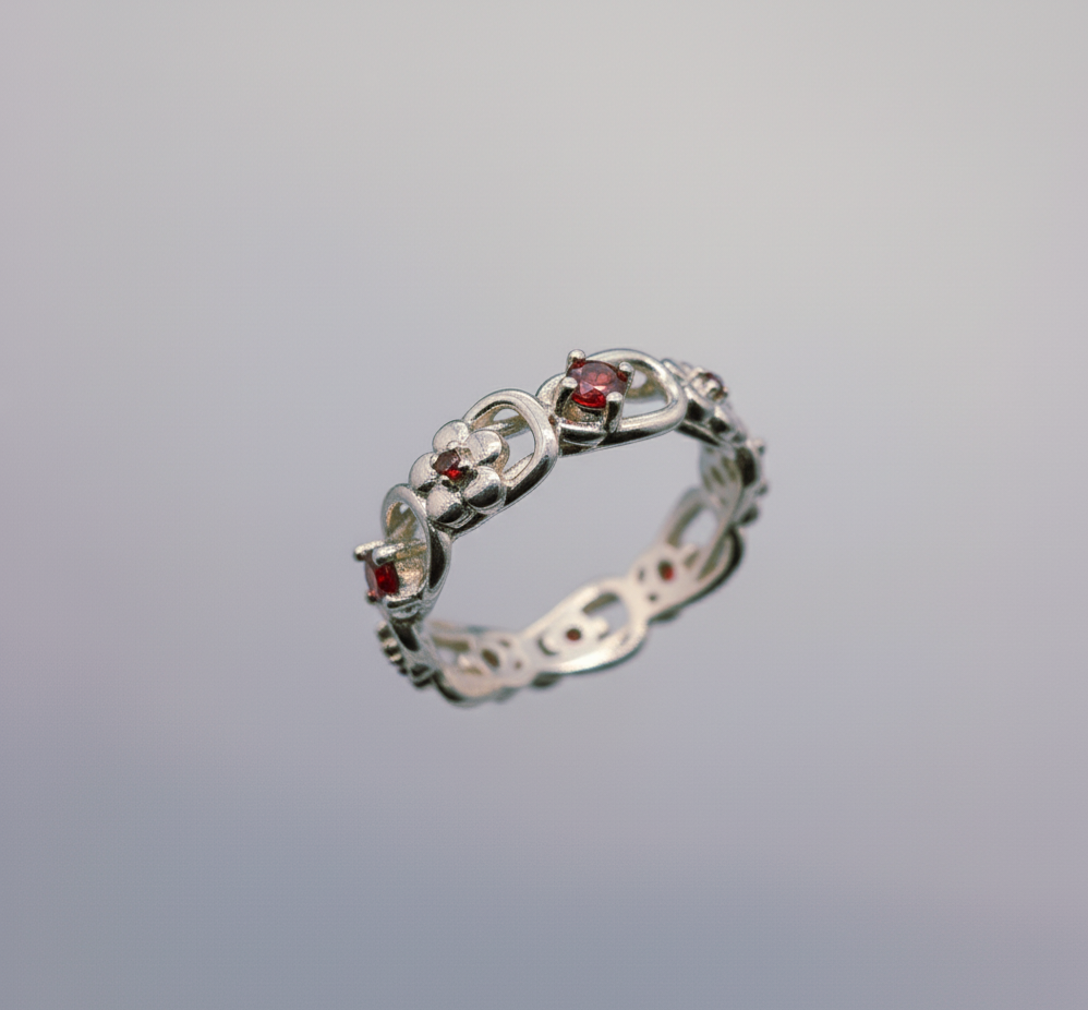 “Crimson Bloom Vintage Eternity Ring" – Floral Red Gemstone Band by Illuzion Jewelry