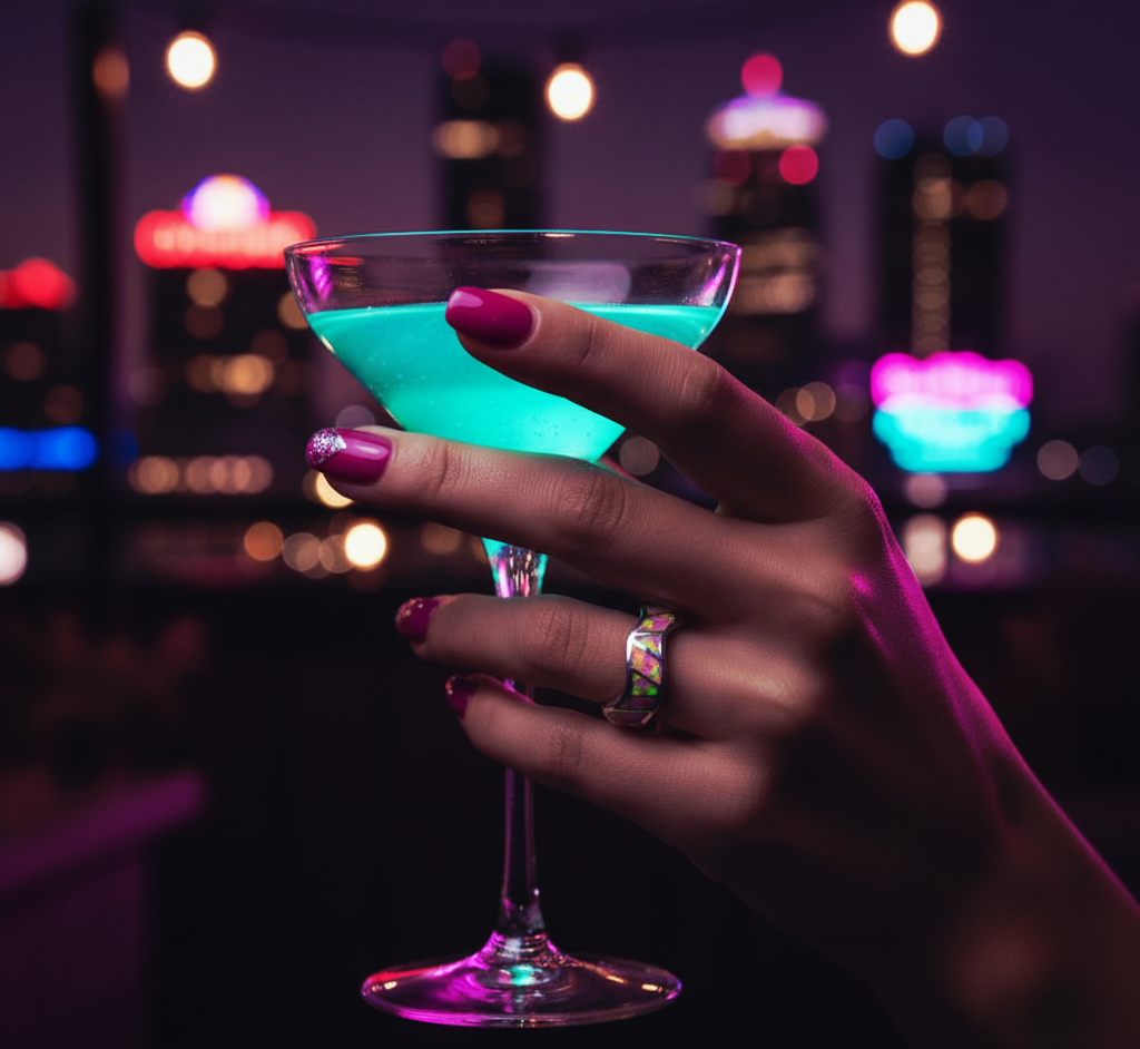 “Pink Fire Inlay Wave Band"– 925 Silver Radiant Flow Edition