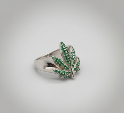Emerald Aura Leaf Ring - 925 Sterling Silver