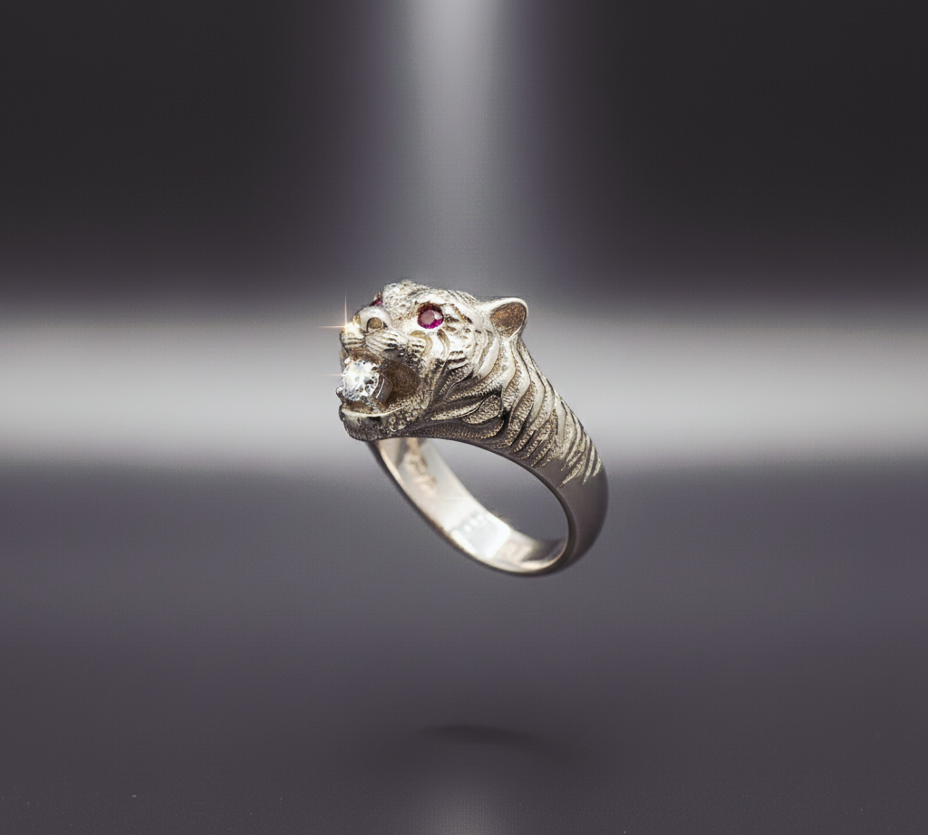 "Tiger Guardian Ring" – Fierce 925 Silver with Ruby Eyes & Ice Bite