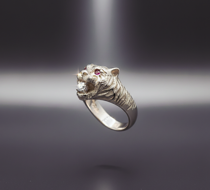 "Tiger Guardian Ring" – Fierce 925 Silver with Ruby Eyes & Ice Bite