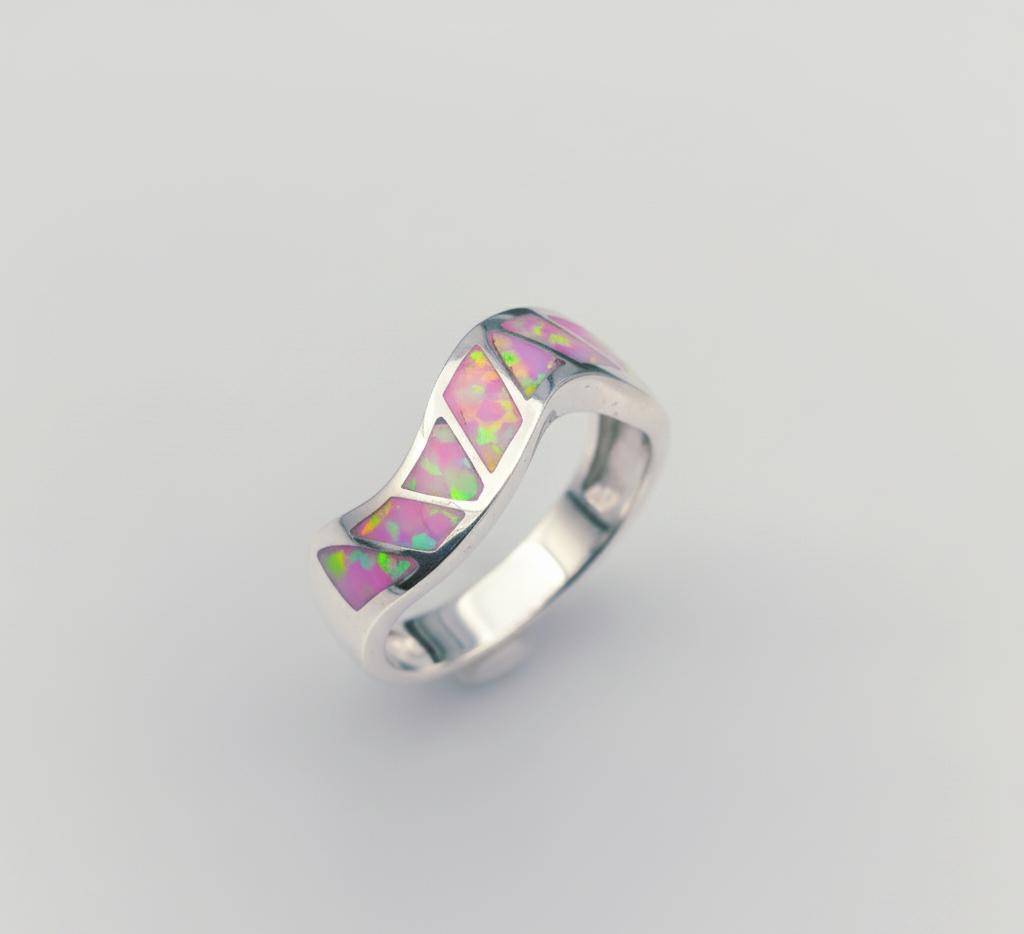 “Pink Fire Inlay Wave Band"– 925 Silver Radiant Flow Edition