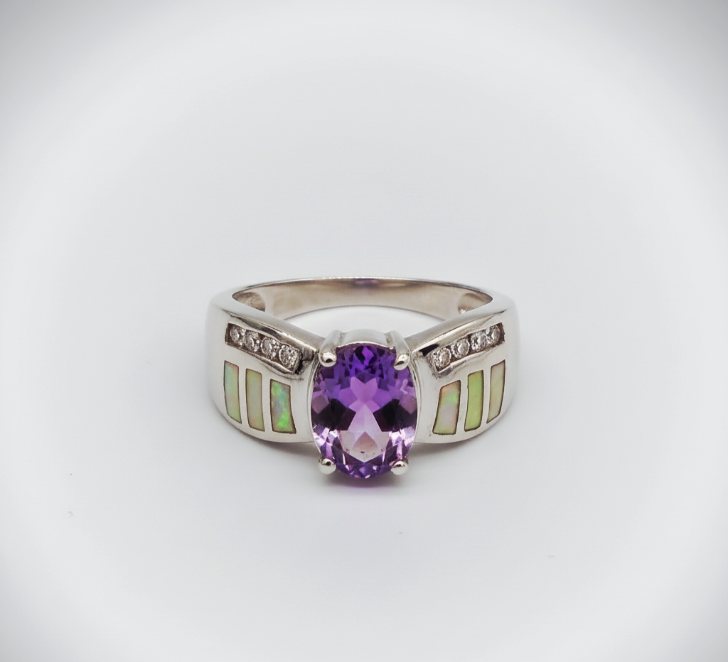 “Amethyst Nova Inlay Ring"  – 925 Silver with Opal & CZ Accents