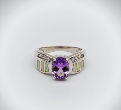 “Amethyst Nova Inlay Ring"  – 925 Silver with Opal & CZ Accents