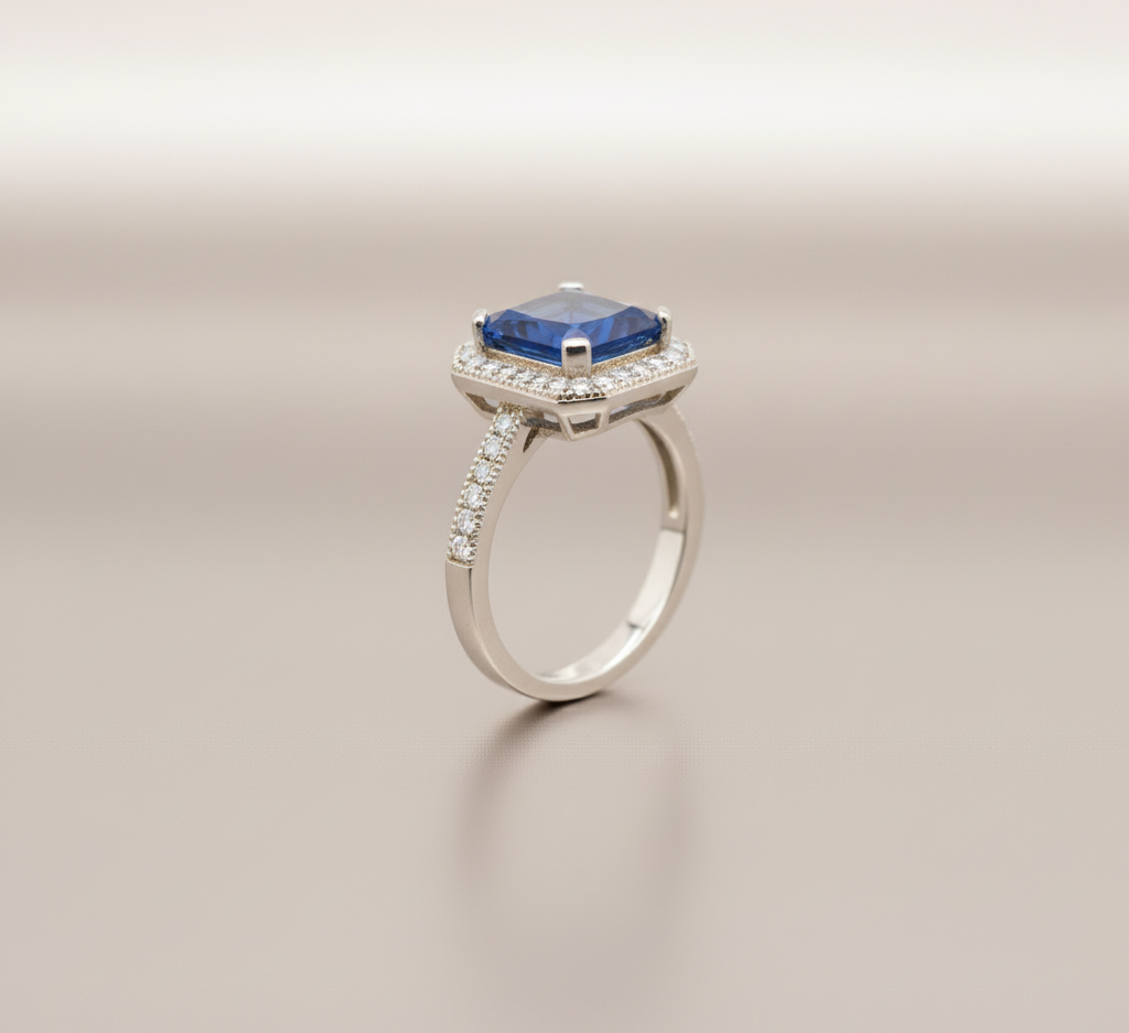 Midnight Royal Halo 925 Silver Ring – Blue Princess Center with Double Diamond-Style Halo