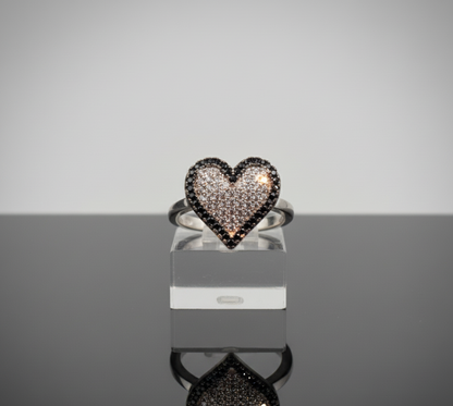 Black & White Pave Heart Statement Ring – 925 Silver Ring