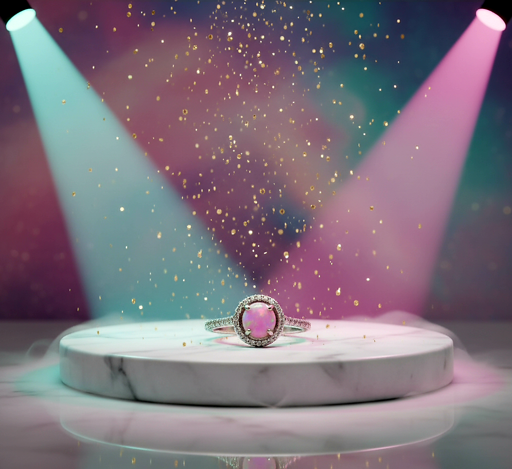 “Starlit Pink Opal Halo Ring" – 925 Silver Cosmic Glow Edition