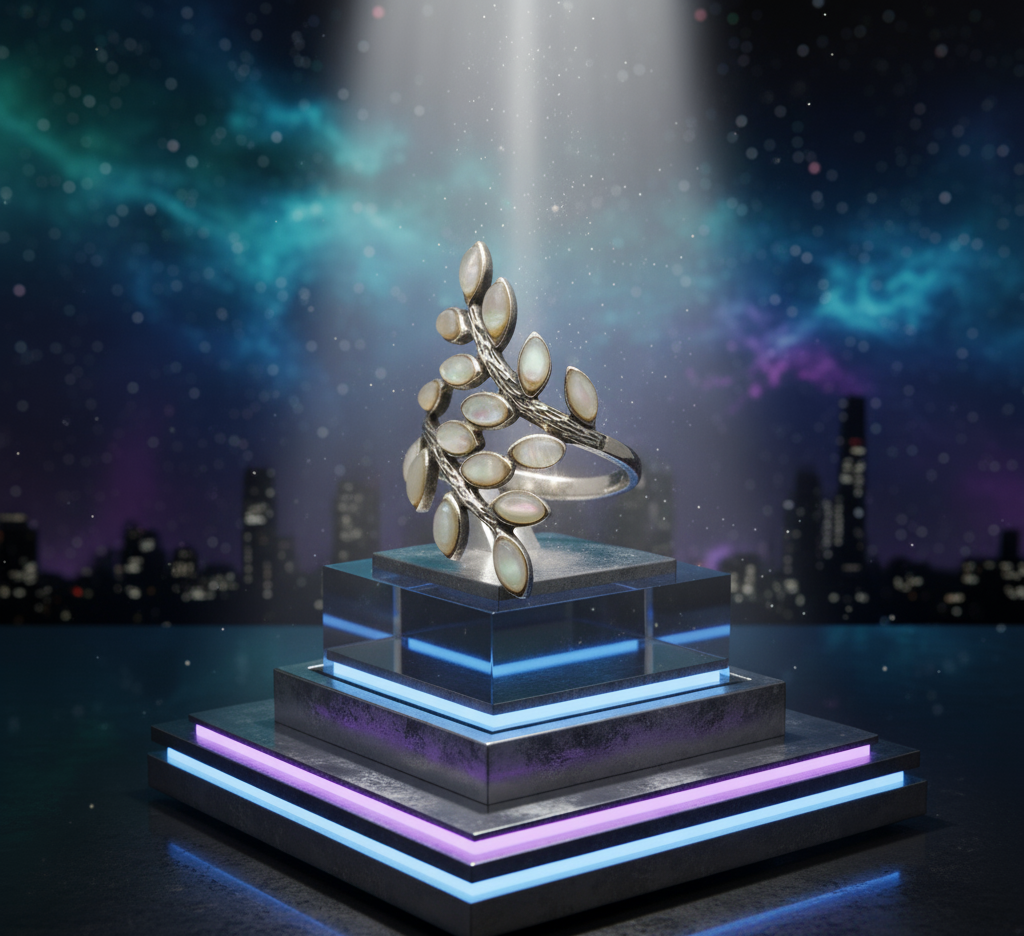 Mother-of-Pearl Olive Leaf Ring – 925 Sterling Silver Nature Wrap