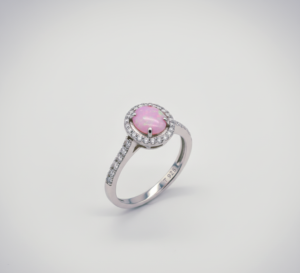 “Starlit Pink Opal Halo Ring" – 925 Silver Cosmic Glow Edition