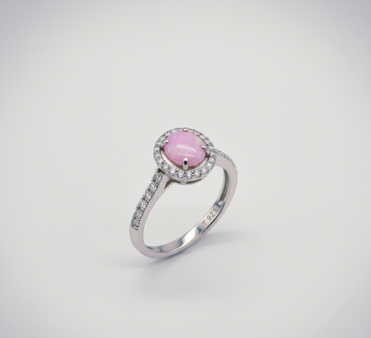 “Starlit Pink Opal Halo Ring" – 925 Silver Cosmic Glow Edition