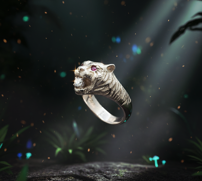 "Tiger Guardian Ring" – Fierce 925 Silver with Ruby Eyes & Ice Bite