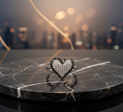 Black & White Pave Heart Statement Ring – 925 Silver Ring