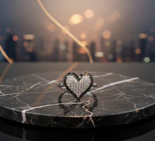 Black & White Pave Heart Statement Ring – 925 Silver Ring