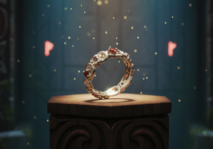 “Crimson Bloom Vintage Eternity Ring" – Floral Red Gemstone Band by Illuzion Jewelry