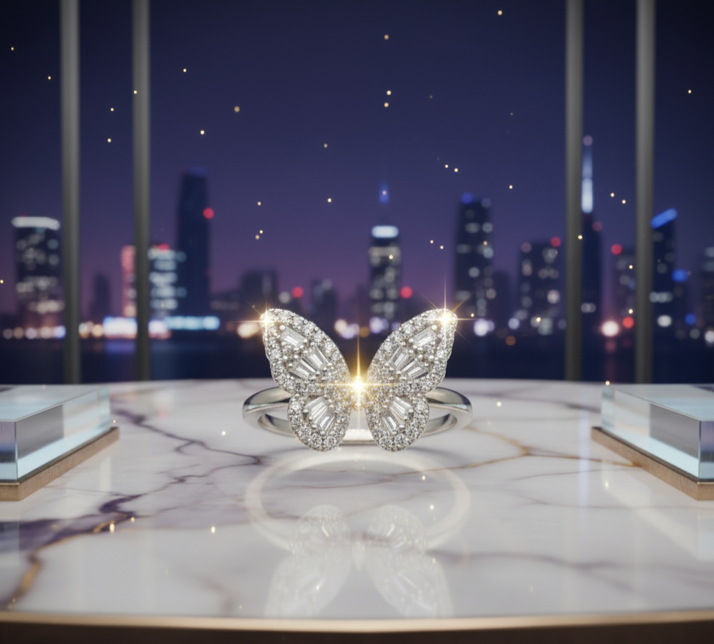 "Baguette-Cut Butterfly Ring" – 925 Sterling Silver Sparkle
