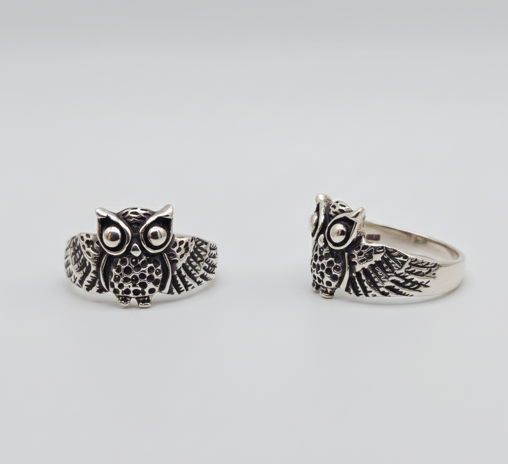 “Guardian Night Owl Ring"  – Hand-Carved 925 Silver Wisdom Totem