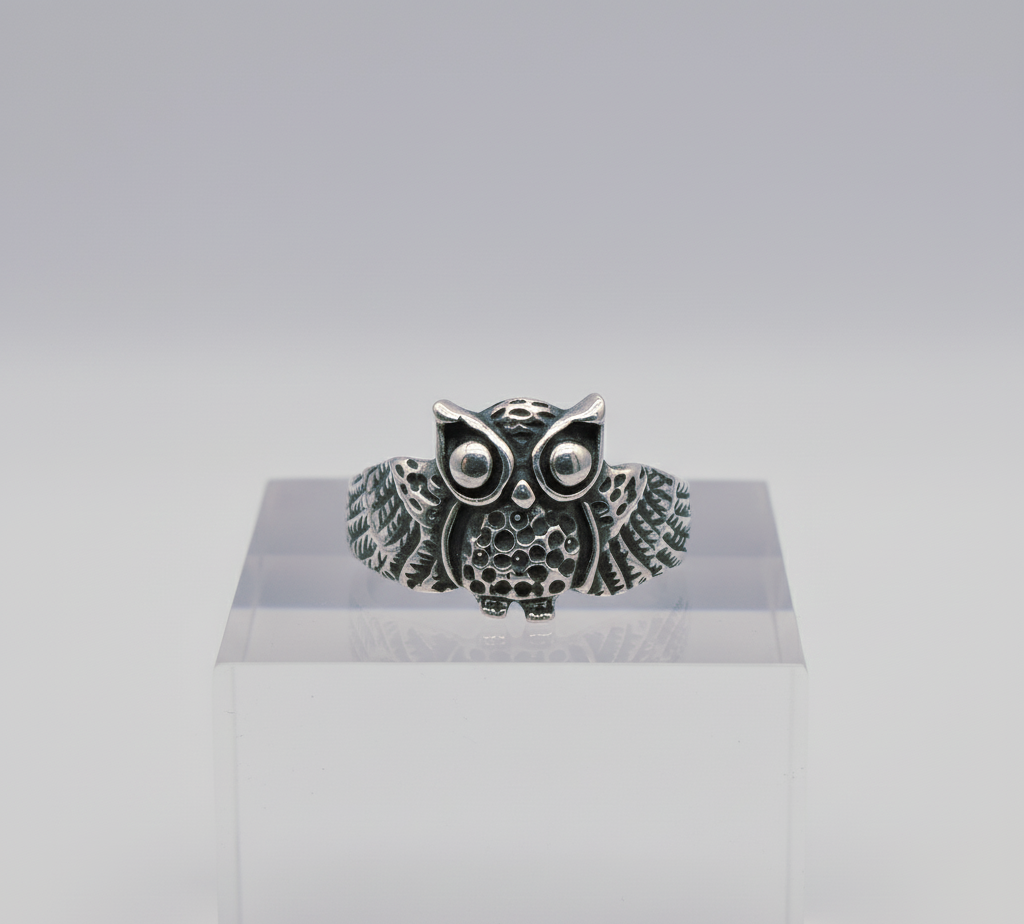 “Guardian Night Owl Ring"  – Hand-Carved 925 Silver Wisdom Totem