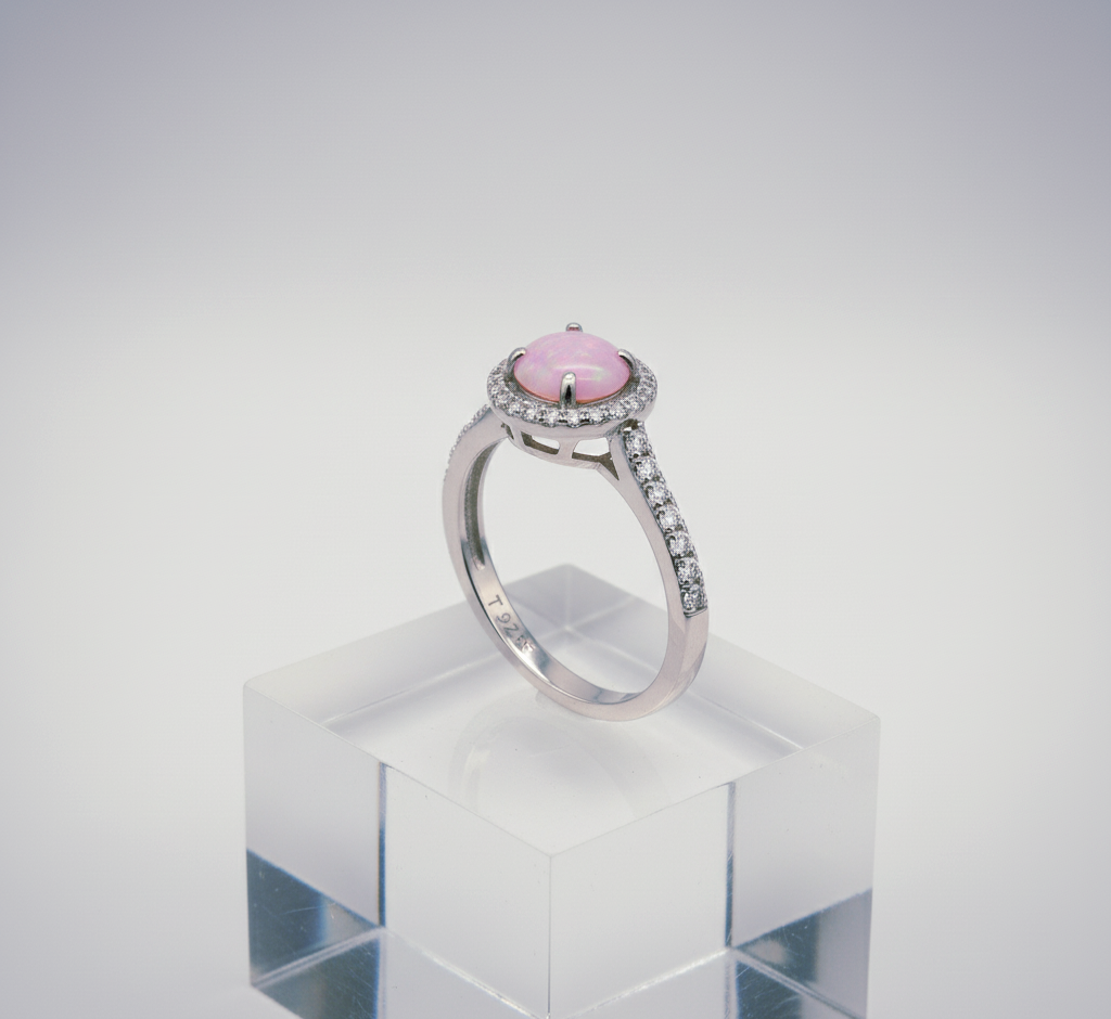 “Starlit Pink Opal Halo Ring" – 925 Silver Cosmic Glow Edition