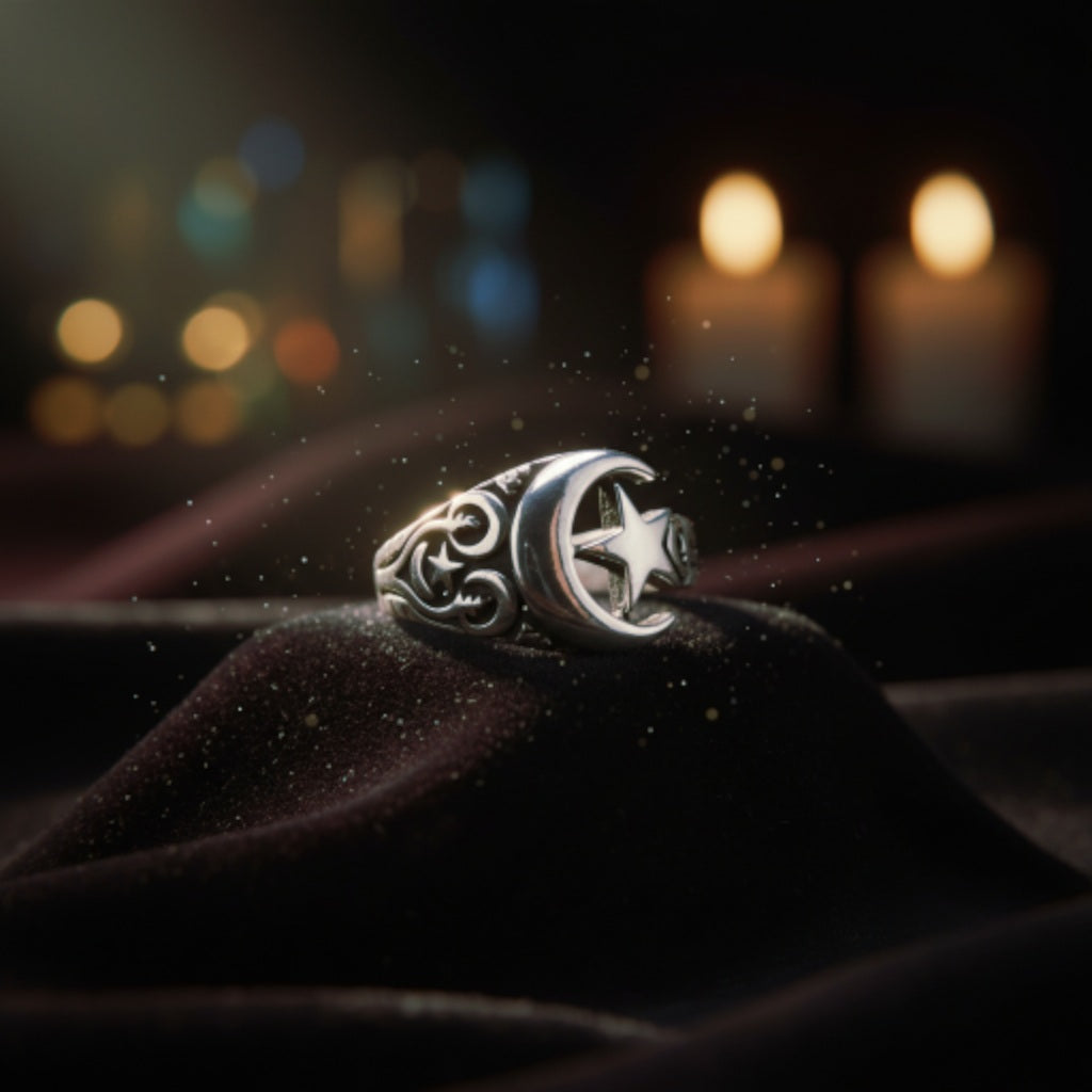 “Moon & Star Guardian Ring" – Celestial Protection in 925 Silver
