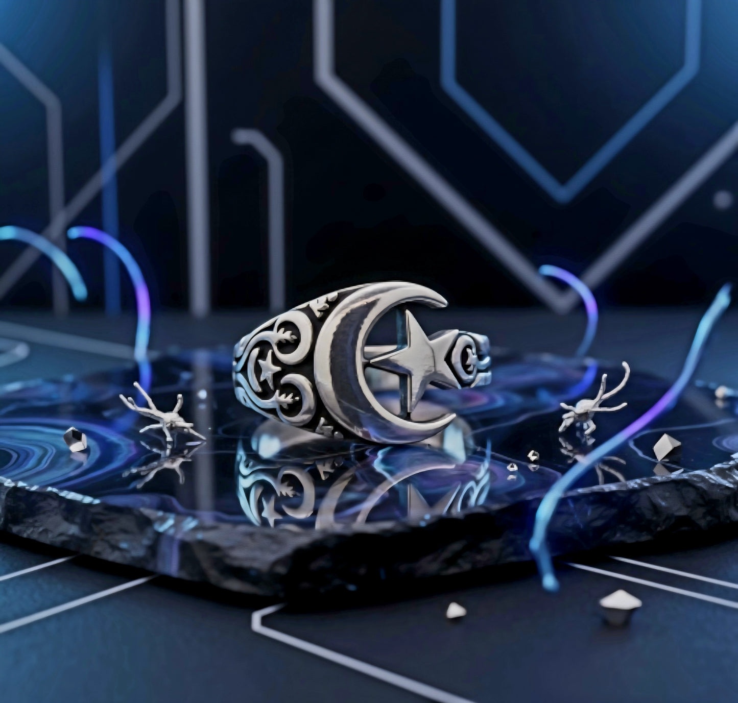 “Moon & Star Guardian Ring" – Celestial Protection in 925 Silver