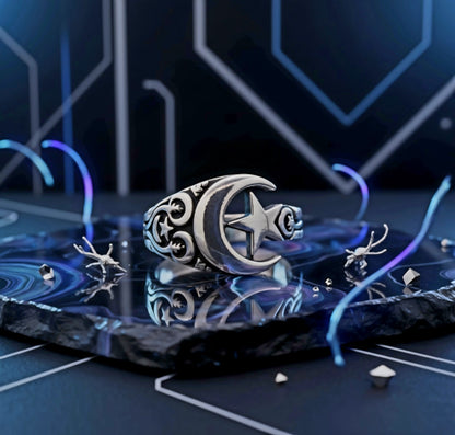 “Moon & Star Guardian Ring" – Celestial Protection in 925 Silver
