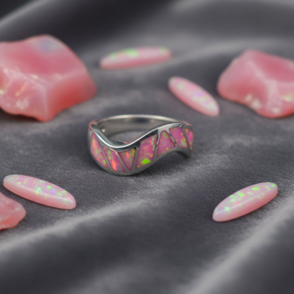 “Pink Fire Inlay Wave Band"– 925 Silver Radiant Flow Edition