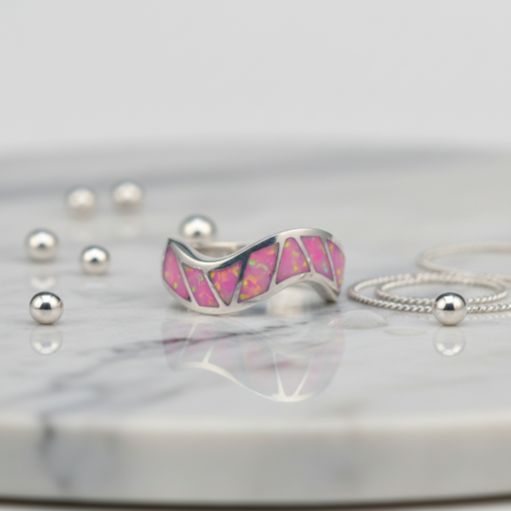 “Pink Fire Inlay Wave Band"– 925 Silver Radiant Flow Edition